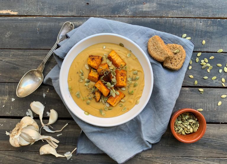 Fava beans with roasted sweet potatoes & pumpkin seeds